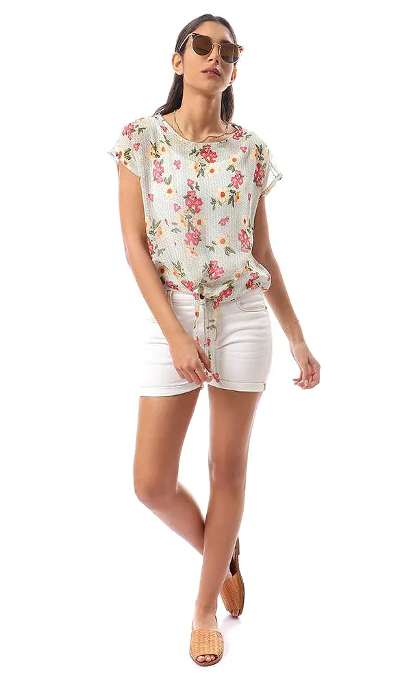 57082 Multicolour Floral Chiffon Blouse With Front Tie