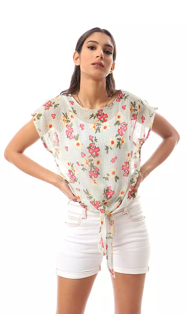 57082 Multicolour Floral Chiffon Blouse With Front Tie