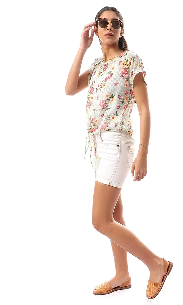 57082 Multicolour Floral Chiffon Blouse With Front Tie