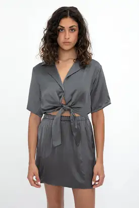 Ana Tie Front Silk Blouse in Thunder