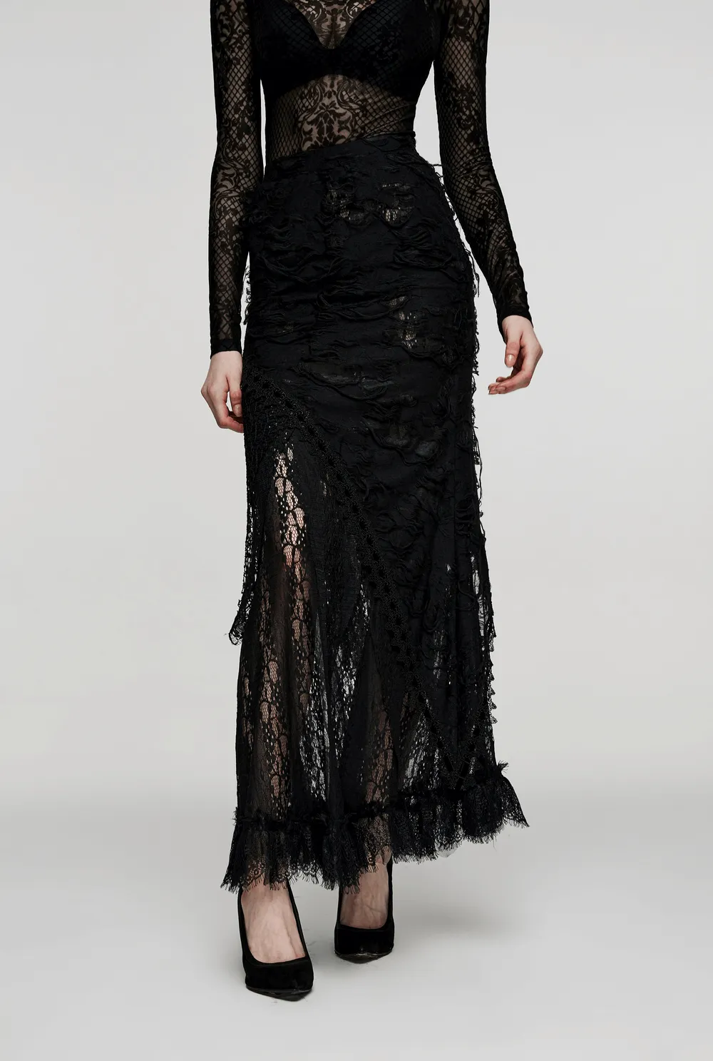 Asymmetric Ripped Mesh and Lace Long Skirt for Women