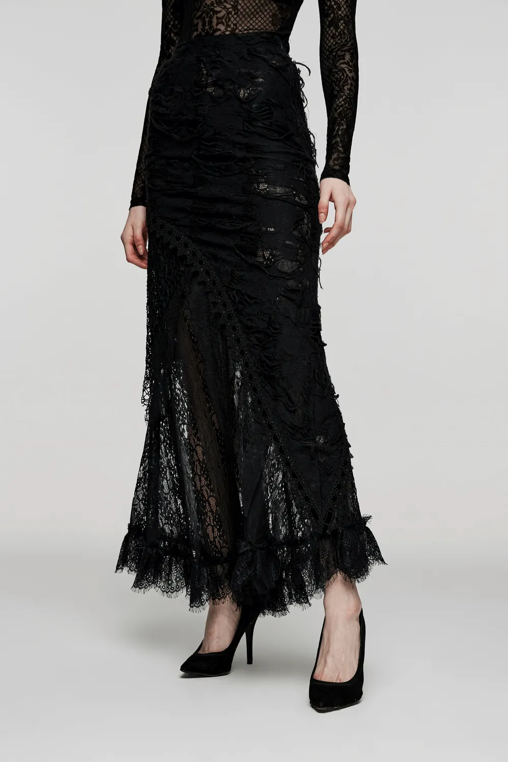 Asymmetric Ripped Mesh and Lace Long Skirt for Women