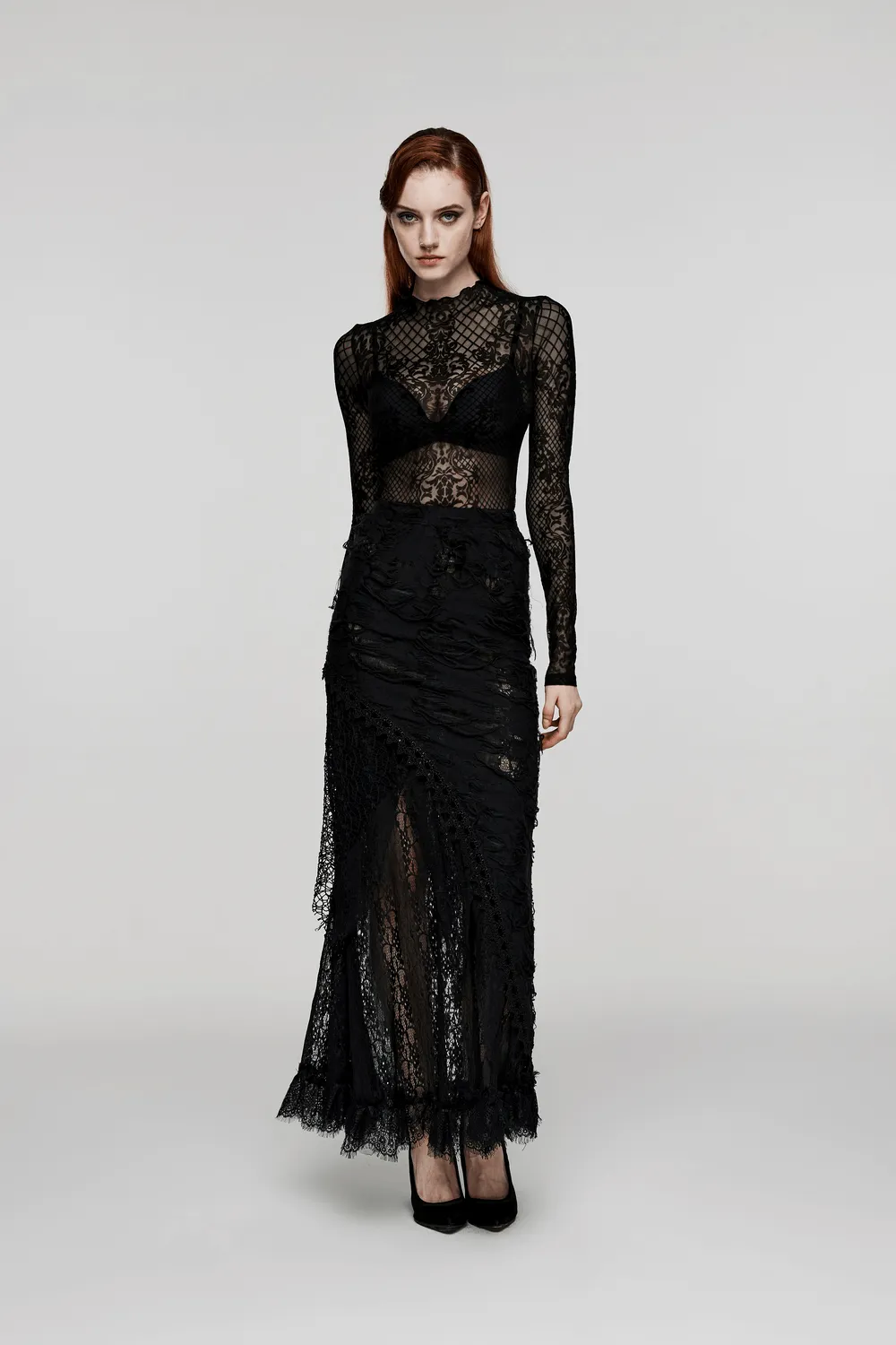 Asymmetric Ripped Mesh and Lace Long Skirt for Women