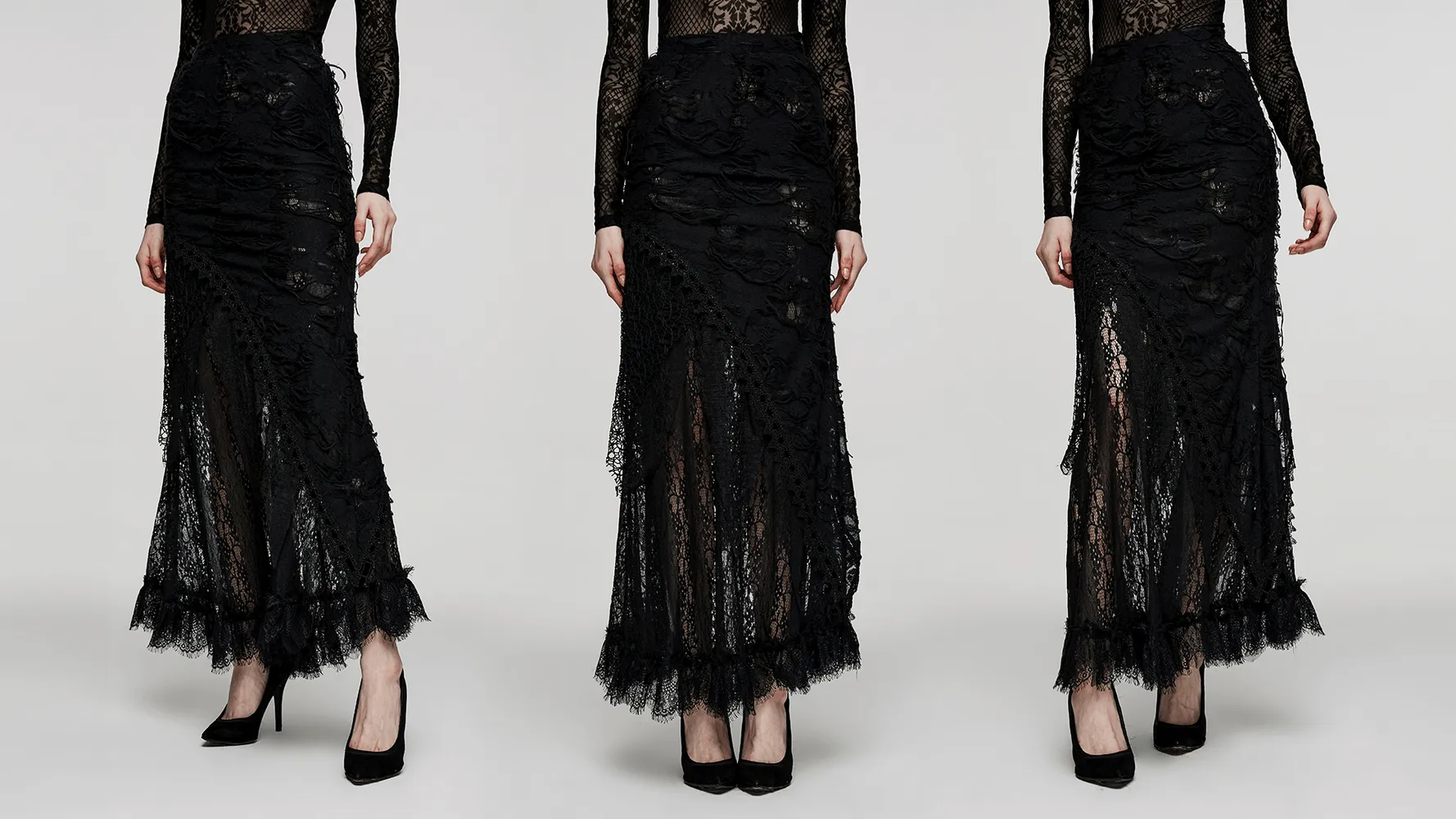 Asymmetric Ripped Mesh and Lace Long Skirt for Women