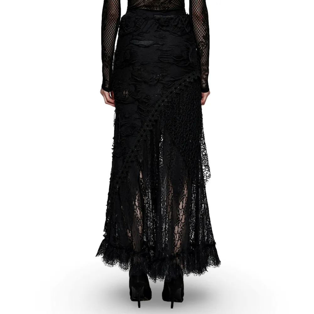 Asymmetric Ripped Mesh and Lace Long Skirt for Women