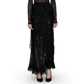 Asymmetric Ripped Mesh and Lace Long Skirt for Women