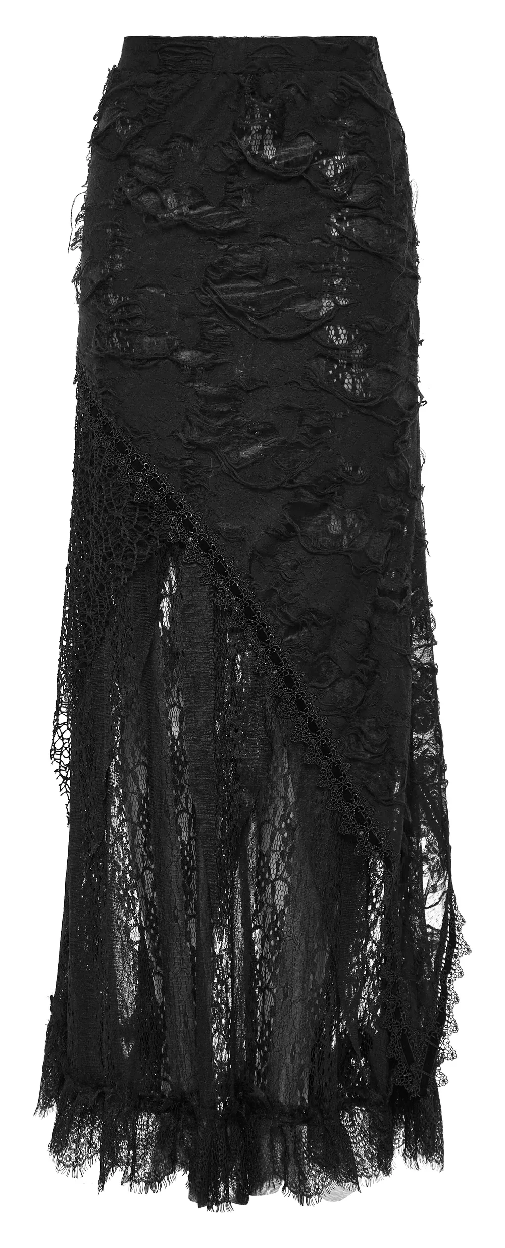 Asymmetric Ripped Mesh and Lace Long Skirt for Women