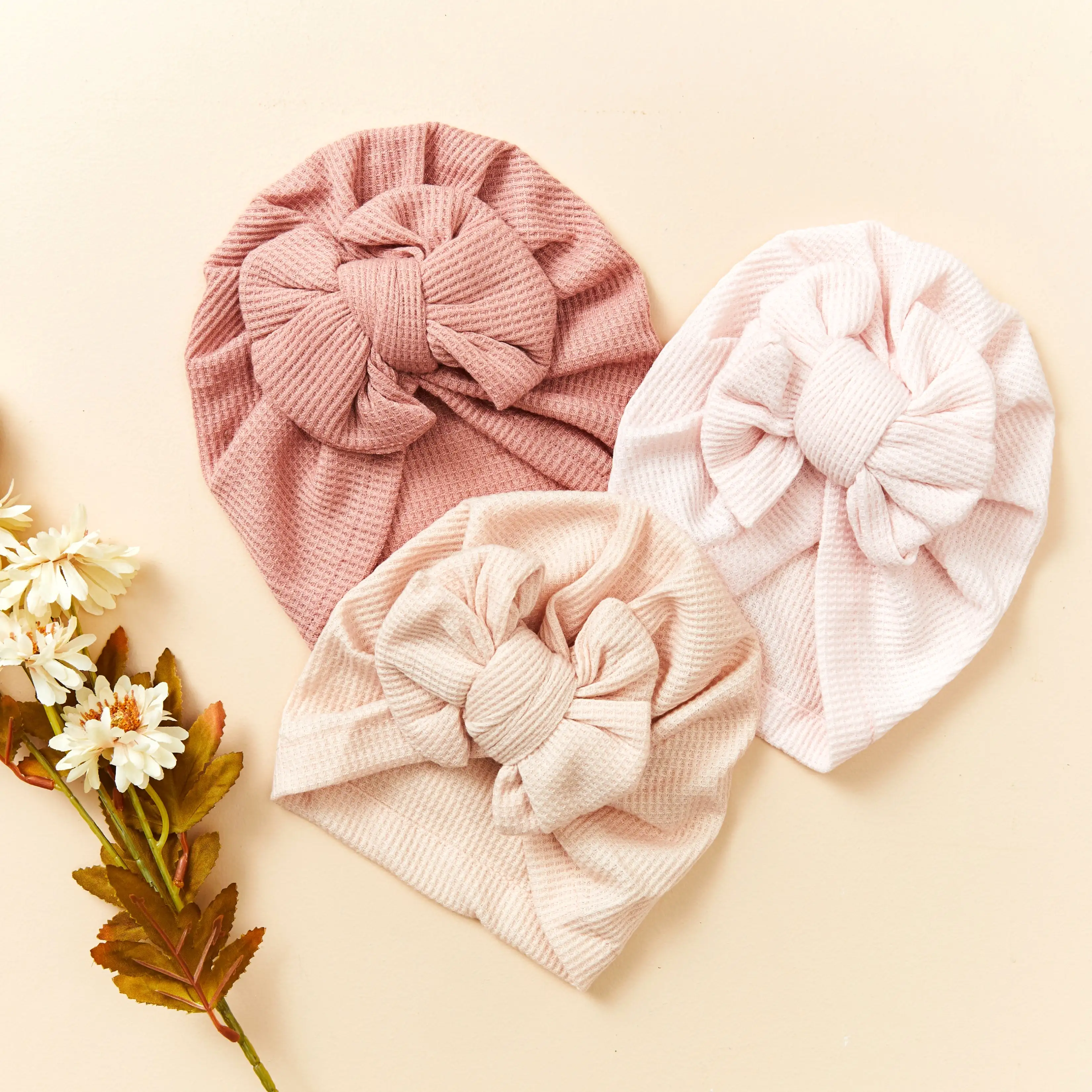 Baby Girl Waffle Bow Turban in Ivory