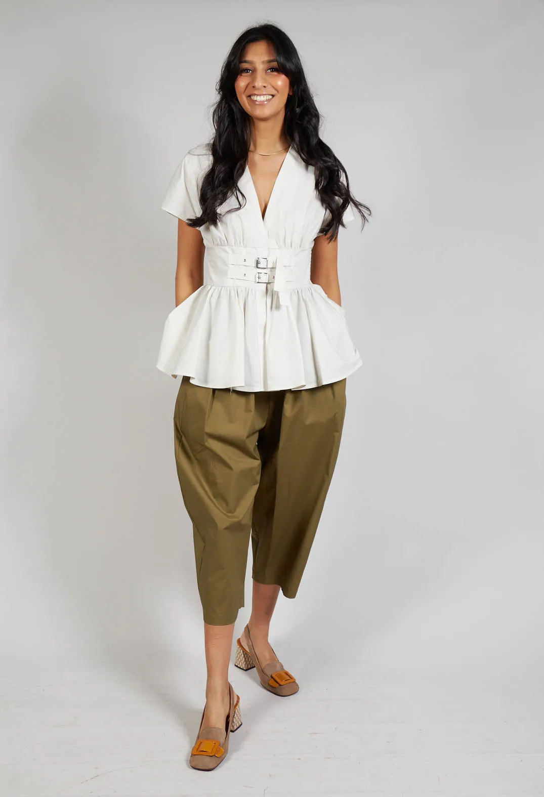 Belt Front Blouse in Cream