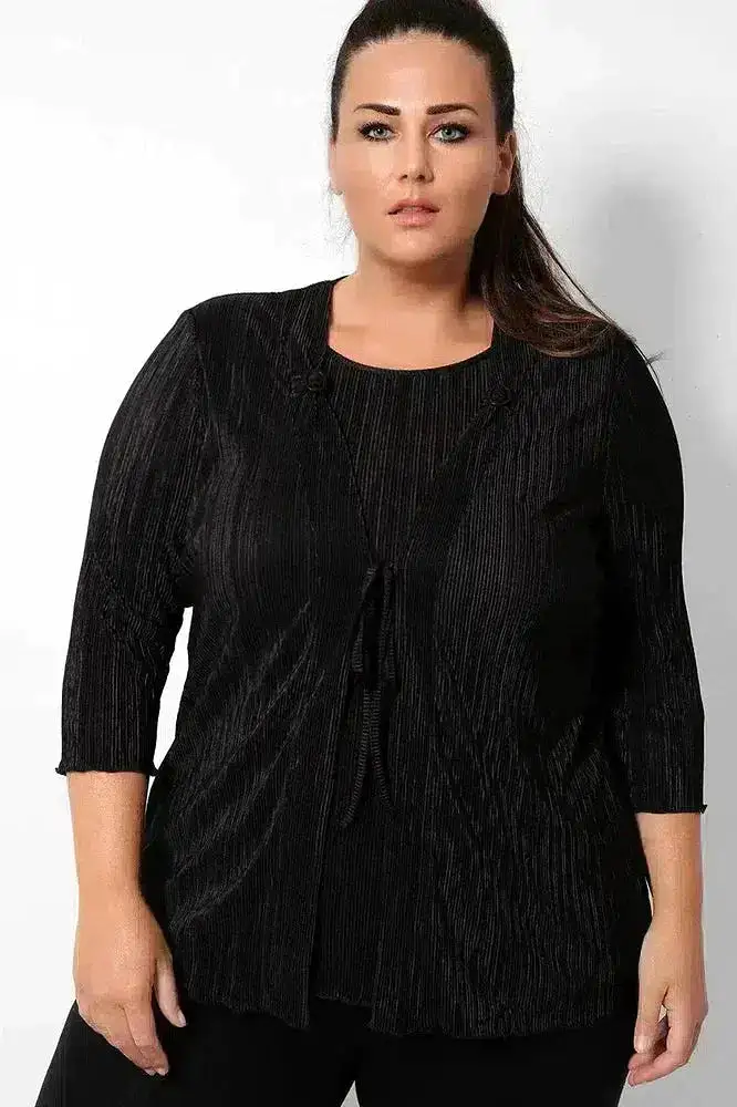 Black Pleated Front Tie Cardigan Overlay Blouse