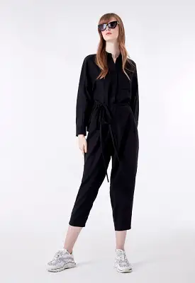 Black Tie Front Overlap Jumpsuit