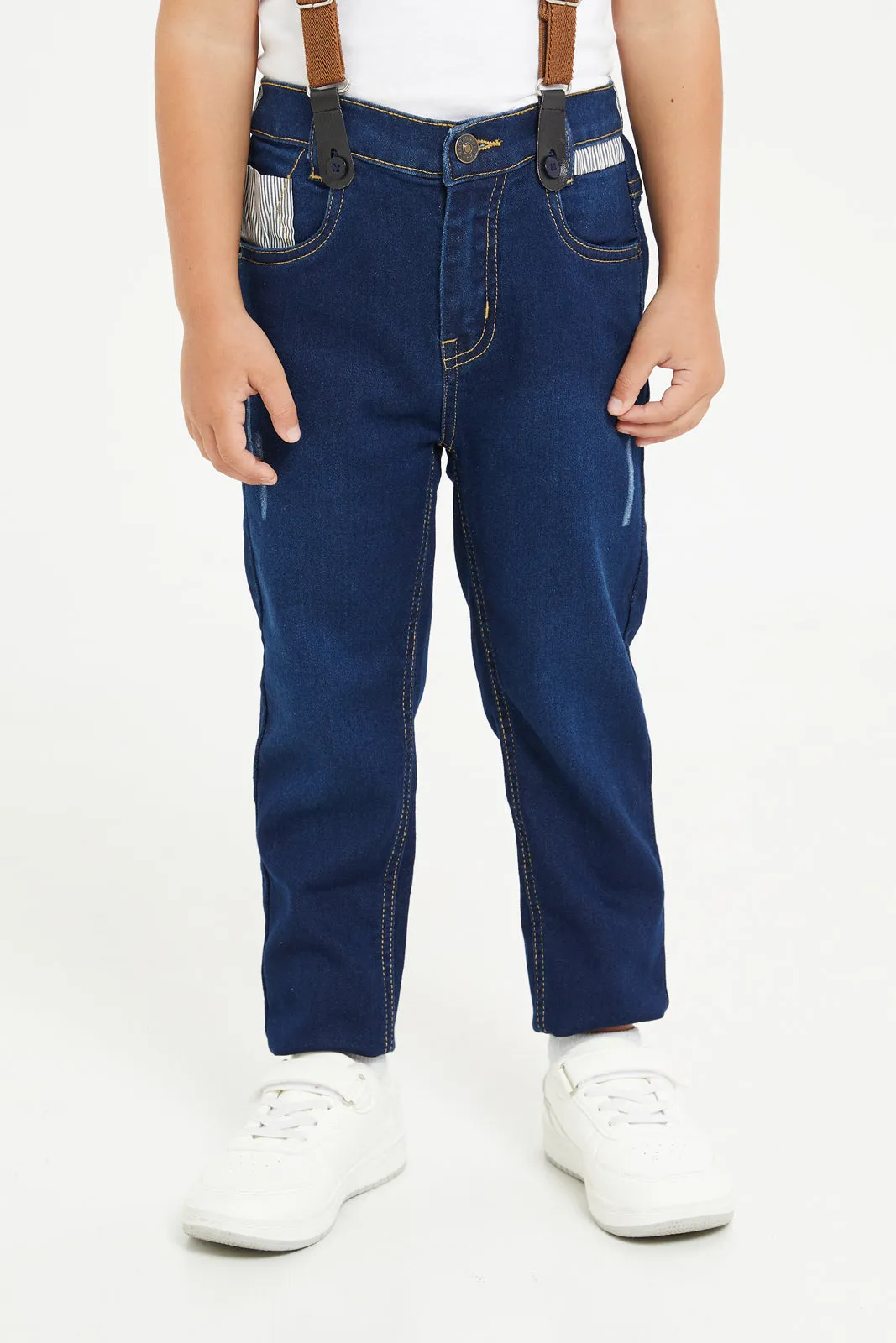 Boys Navy Suspender Pull On Jeans