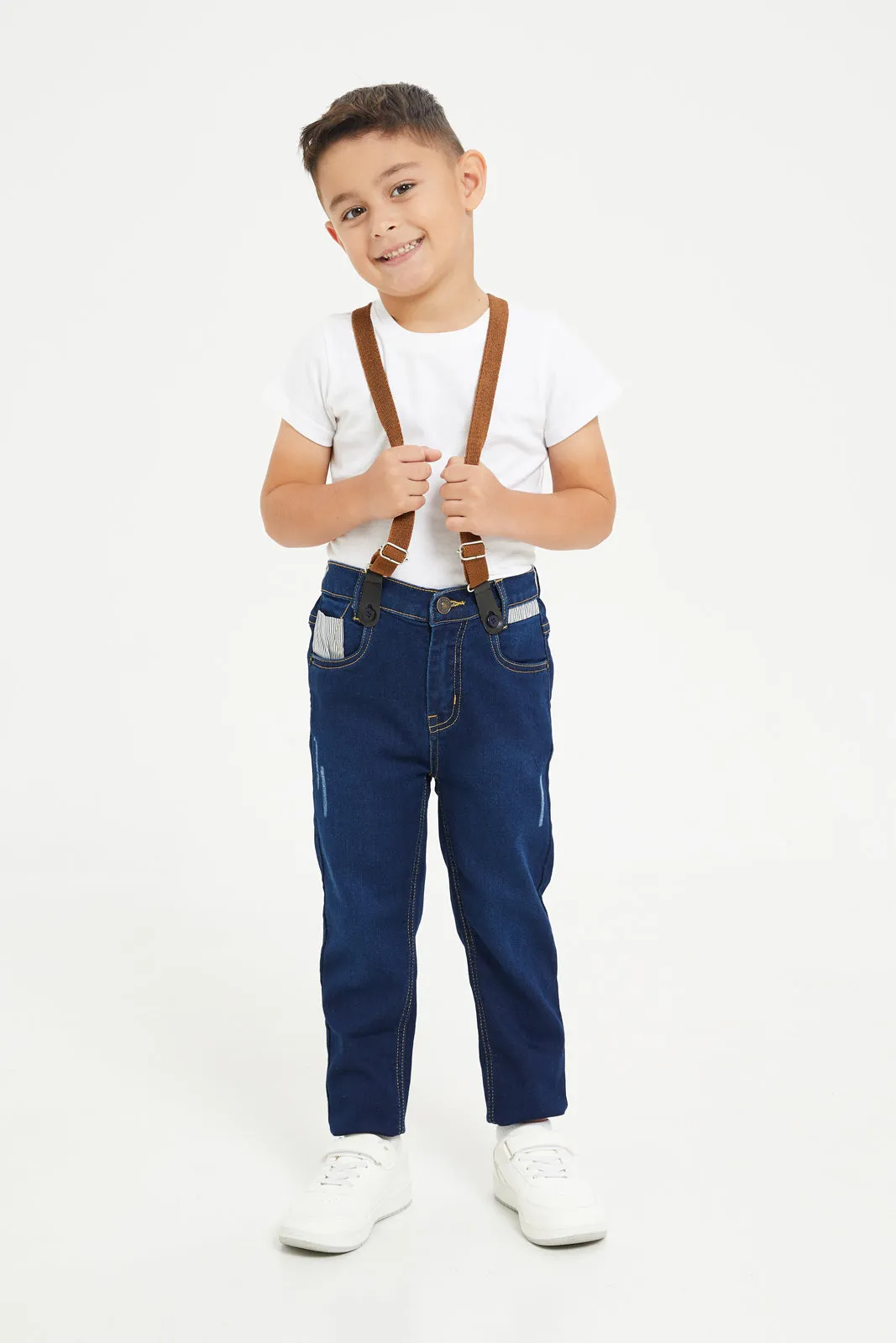 Boys Navy Suspender Pull On Jeans