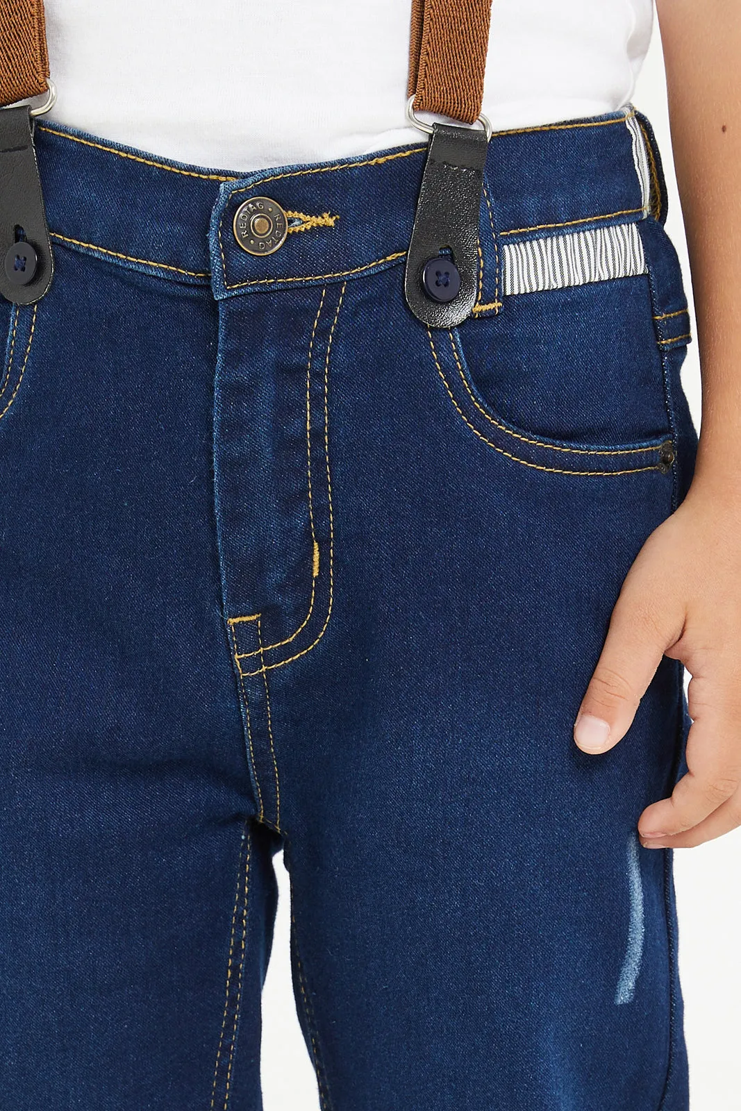 Boys Navy Suspender Pull On Jeans