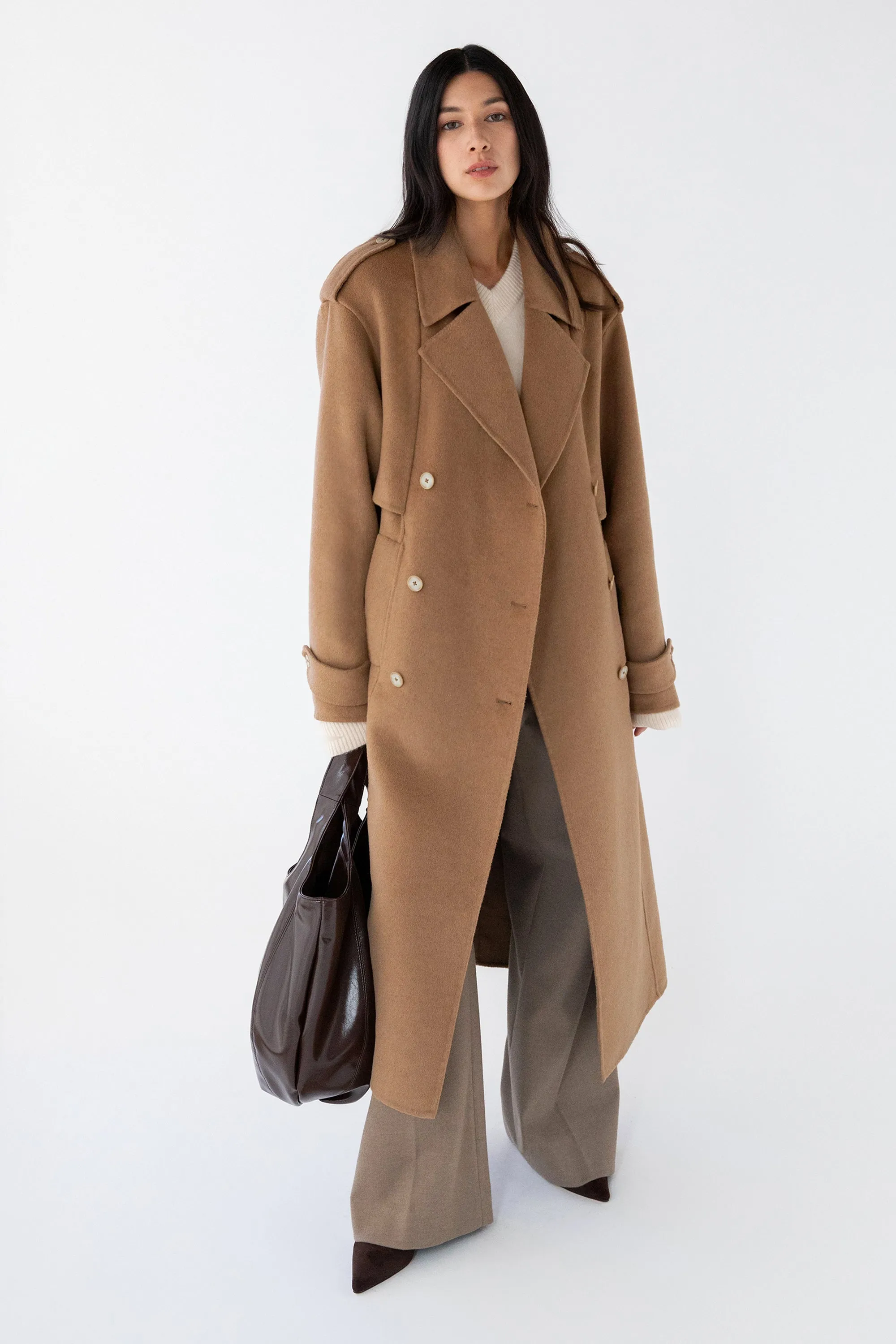 BRUSHED WOOL-BLEND BELTED COAT