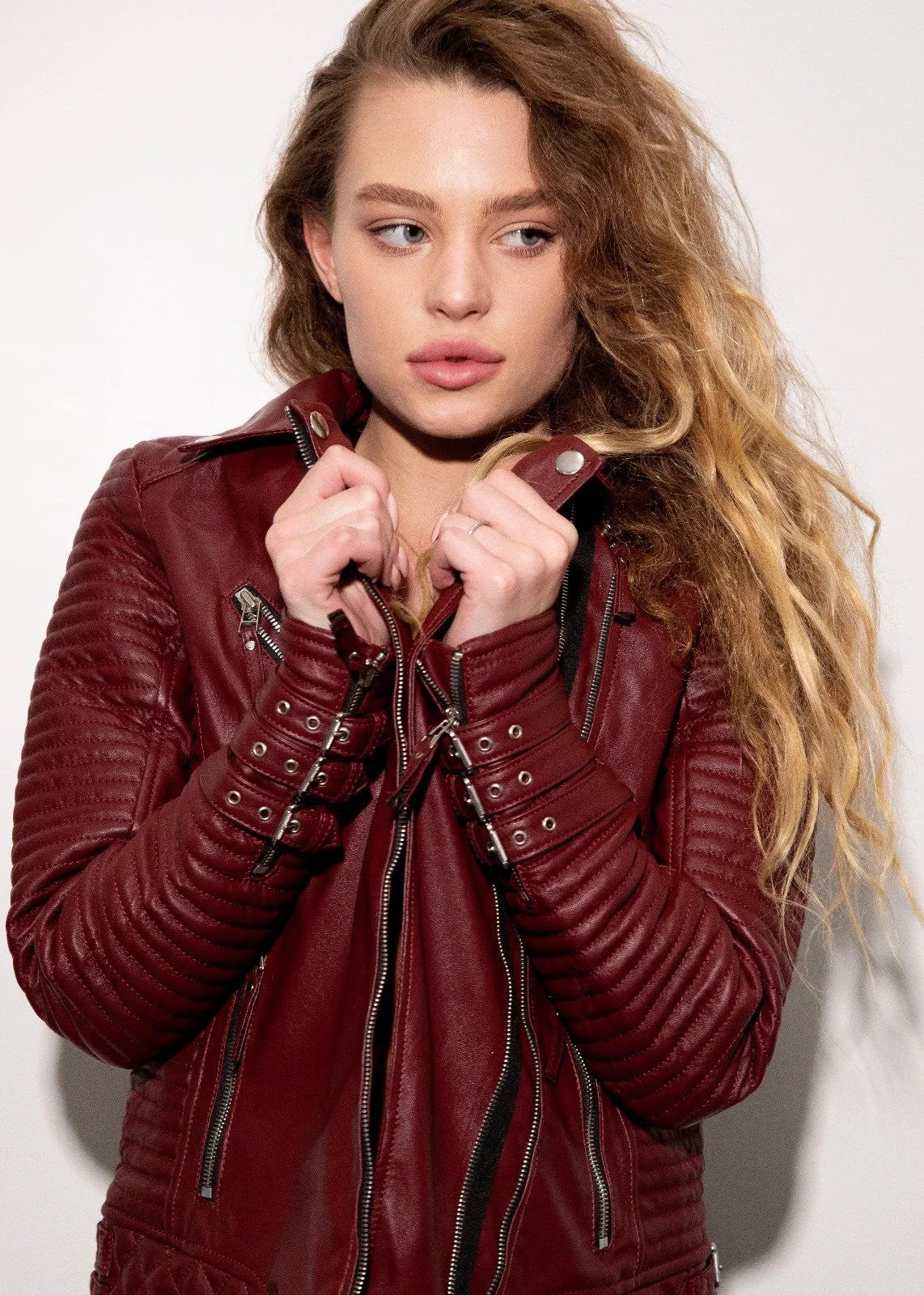 Buy Womens Quilted Leather Motorcycle Jacket Maroon | LucaJackets