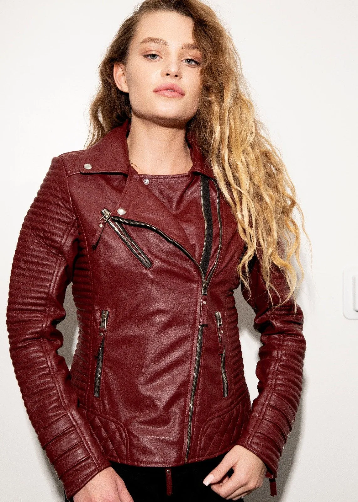 Buy Womens Quilted Leather Motorcycle Jacket Maroon | LucaJackets