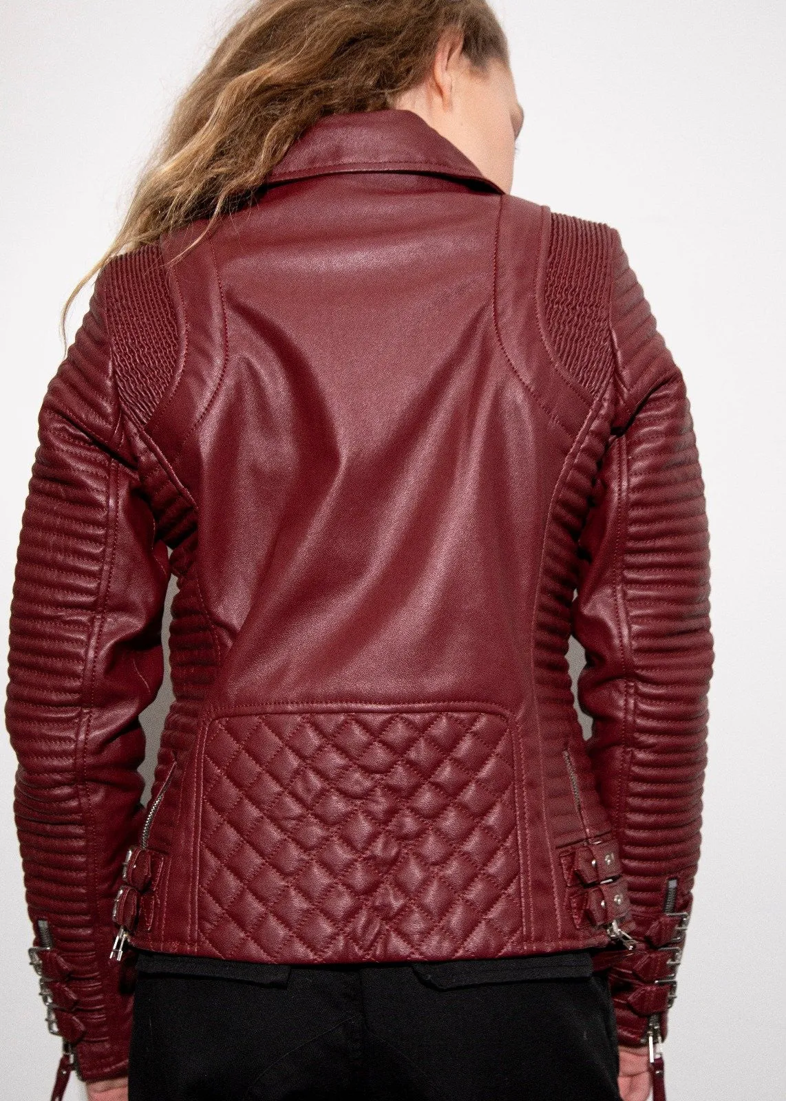 Buy Womens Quilted Leather Motorcycle Jacket Maroon | LucaJackets