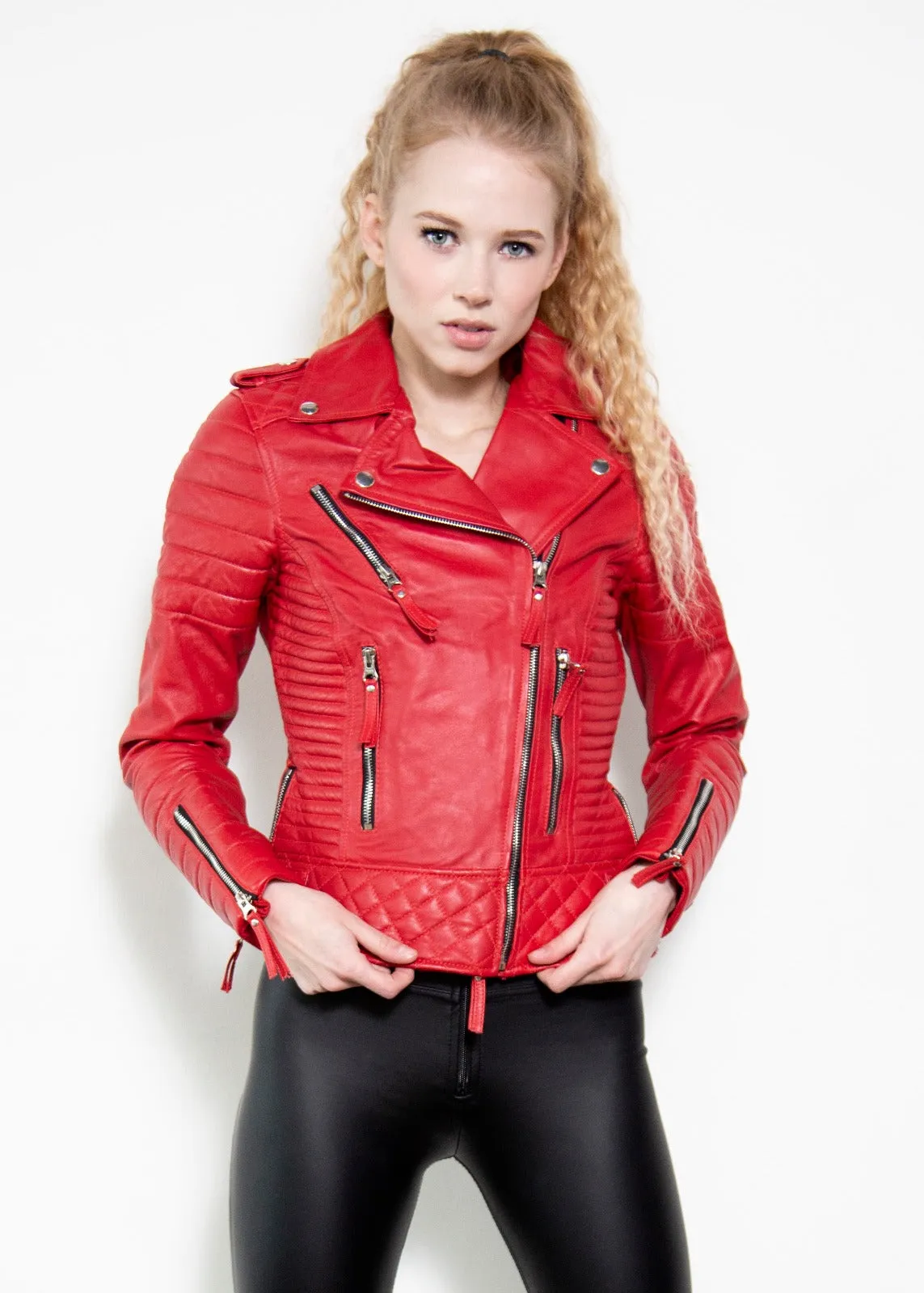 Buy Womens Quilted Leather Motorcycle Jacket Red | LucaJackets