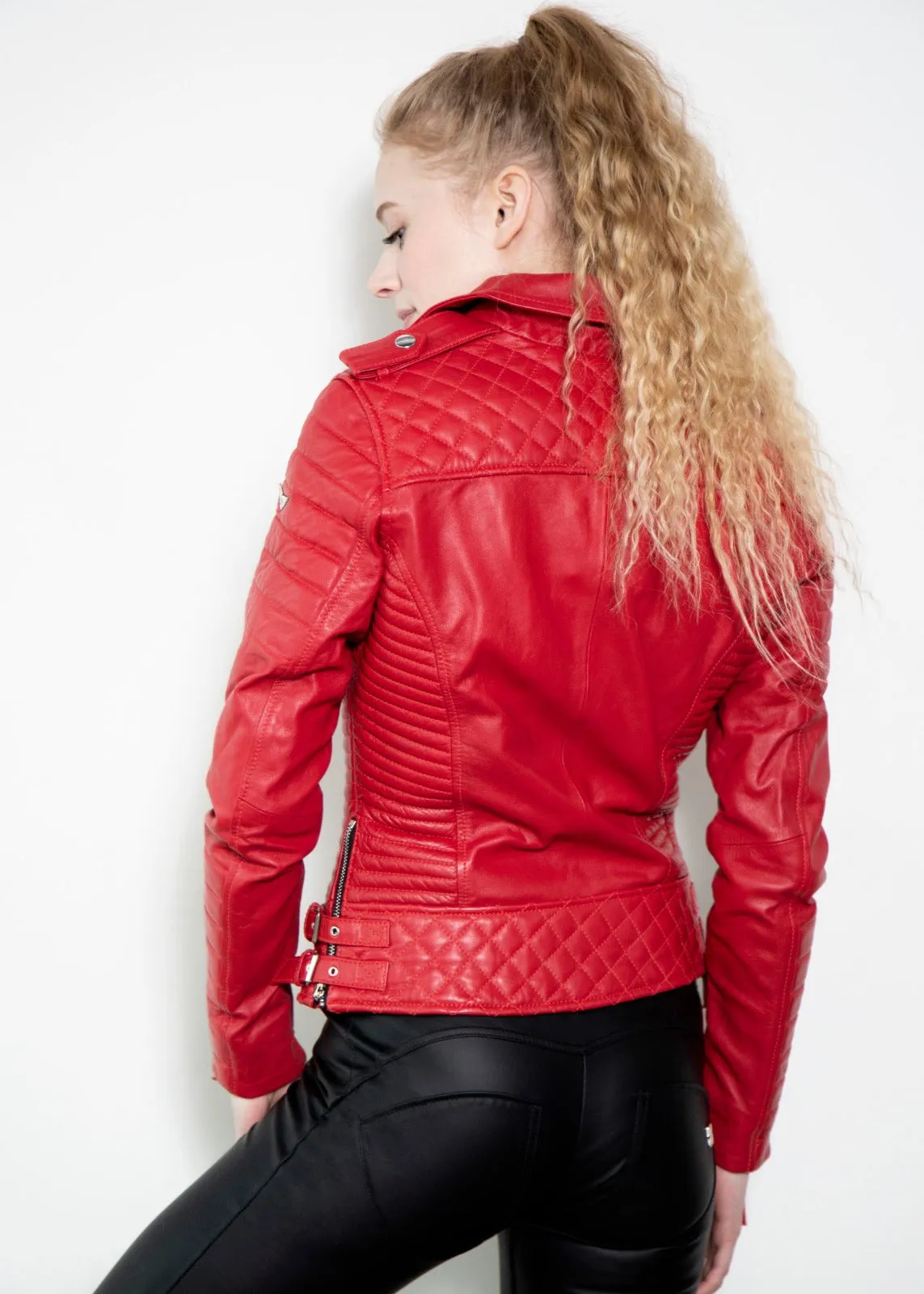 Buy Womens Quilted Leather Motorcycle Jacket Red | LucaJackets