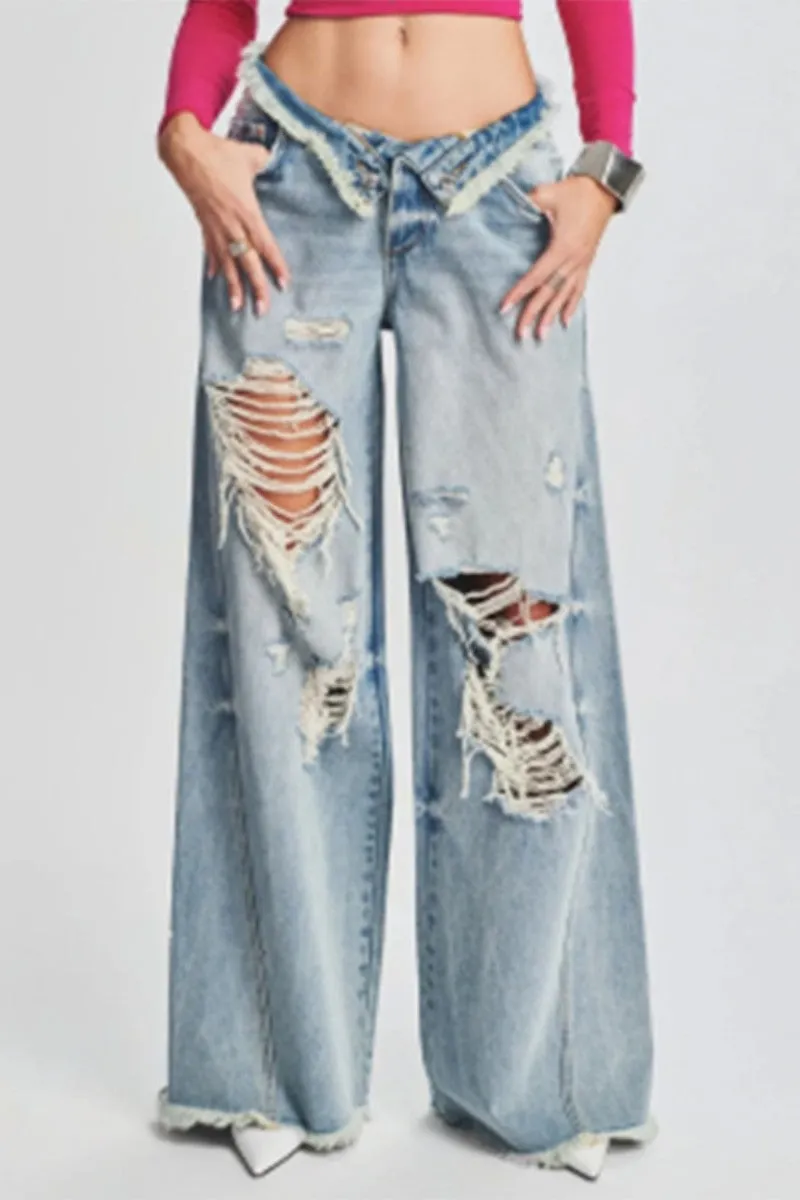 Casual Solid Ripped Patchwork Mid Waist Regular Denim Jeans (Subject To The Actual Object)