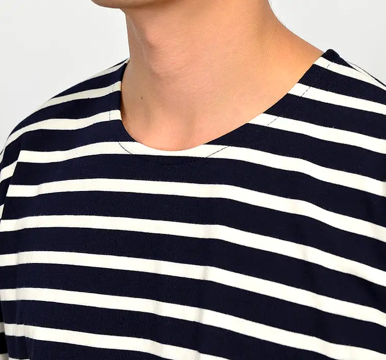 Casual Striped Long Sleeved Tshirts Mens Tees Crewneck Tops 100% Cotton Made in Korean Black Navyblue Ivory