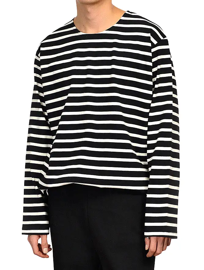 Casual Striped Long Sleeved Tshirts Mens Tees Crewneck Tops 100% Cotton Made in Korean Black Navyblue Ivory