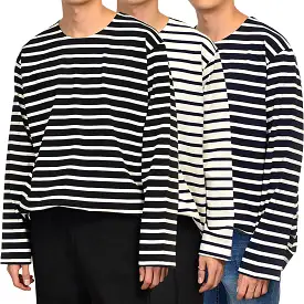 Casual Striped Long Sleeved Tshirts Mens Tees Crewneck Tops 100% Cotton Made in Korean Black Navyblue Ivory