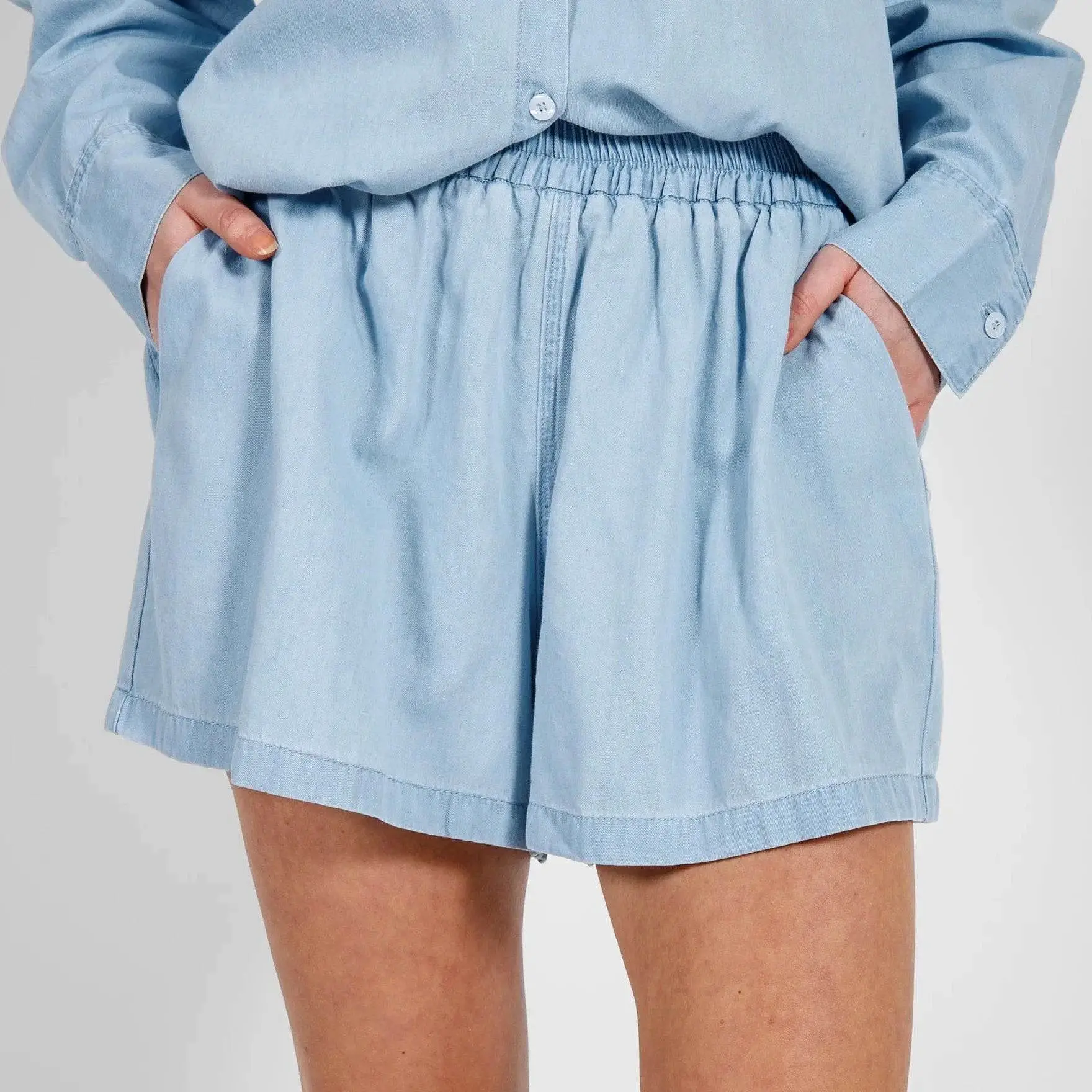 Chambray Denim High Waisted Shorts