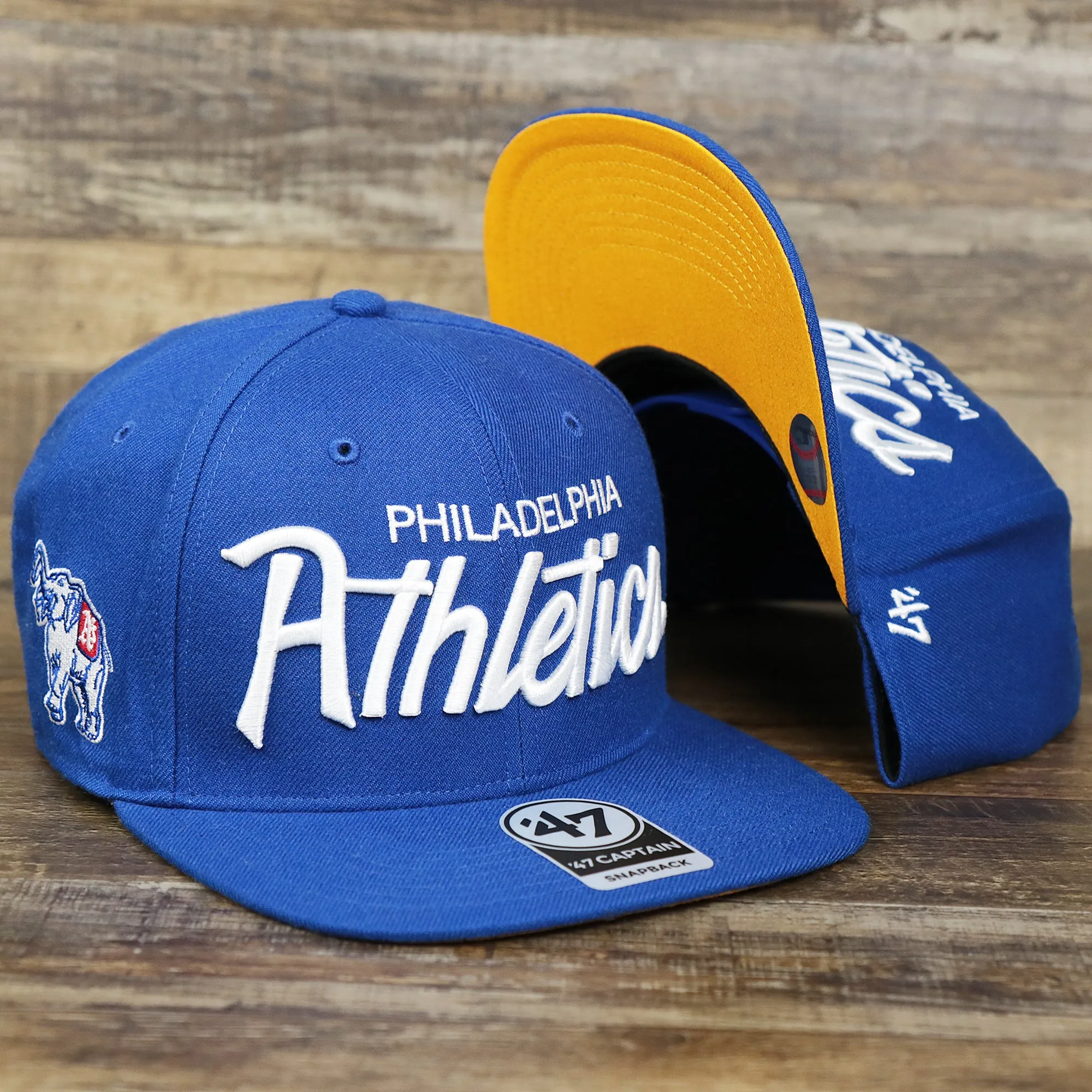 Cooperstown Philadelphia Athletics Wordmark Retro Athletics Side Patch Snapback | Royal Blue Snapback