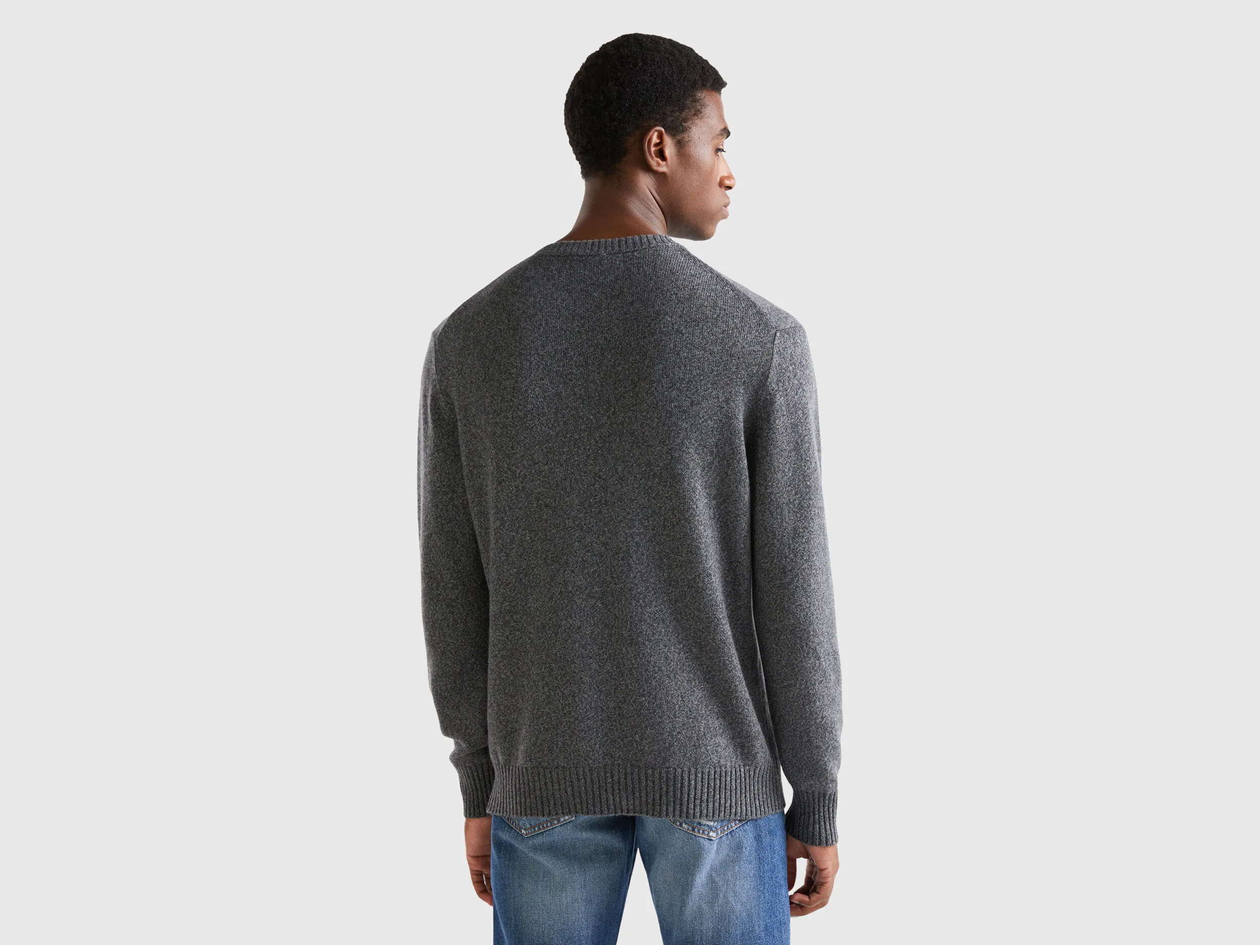 Crew neck sweater in cashmere and wool blend - Dark Gray | Benetton