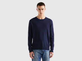 Crew neck sweater in lightweight cotton blend - Dark Blue | Benetton