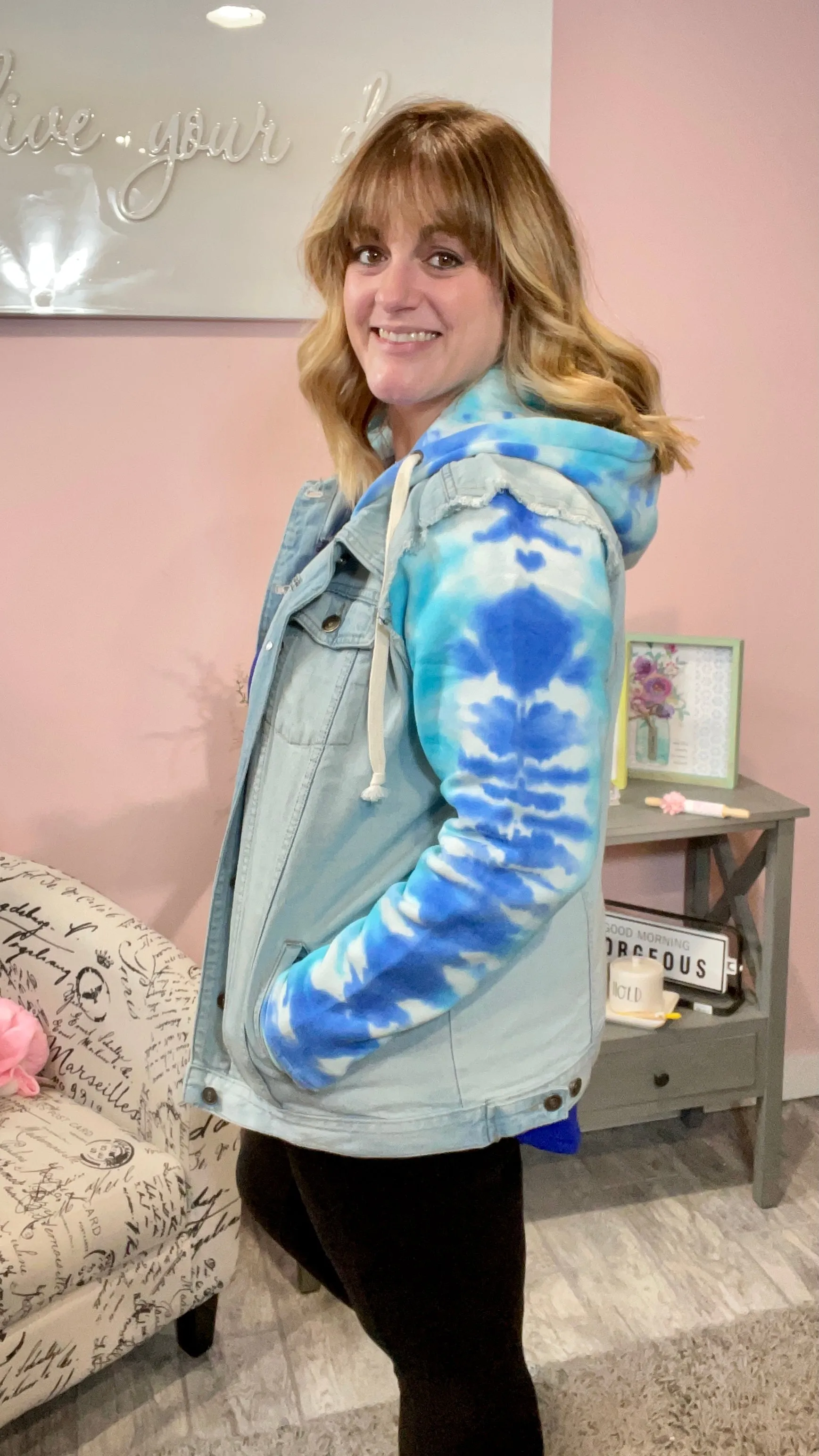 Denim Jacket Hoodie with Tie Dye Accents