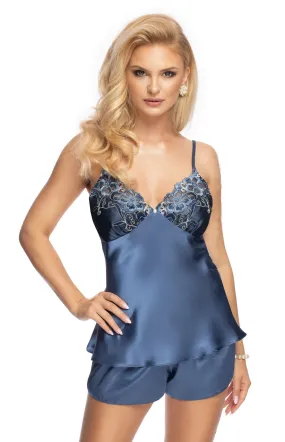 Ensemble caraco et shorty satin bleu Elodie