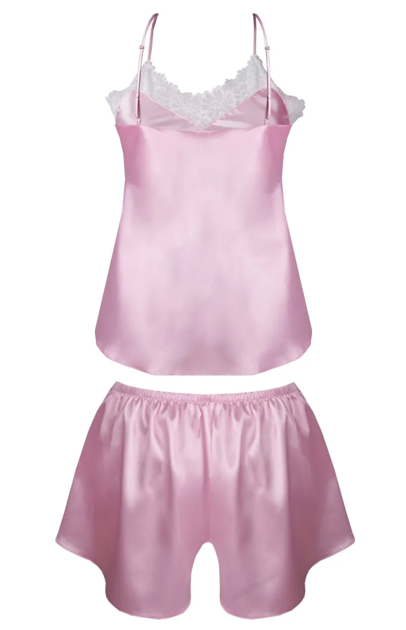 Ensemble caraco et shorty satin rose Eléonore