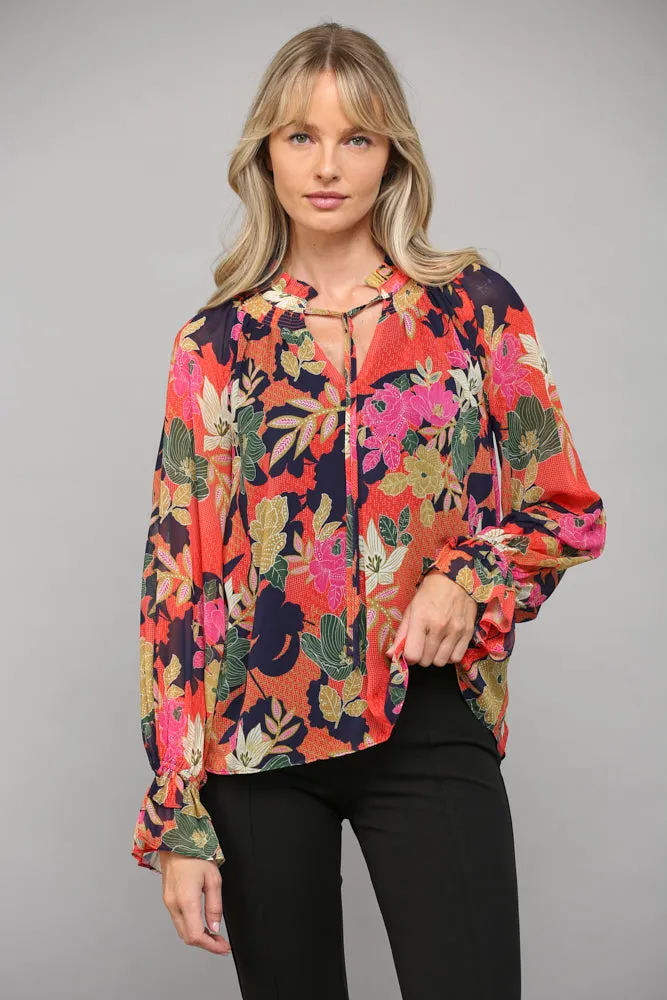 Floral Print Ruffle Neck Blouse