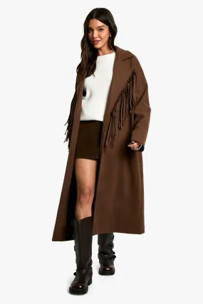 Fringe Detail Wool Look Maxi Coat