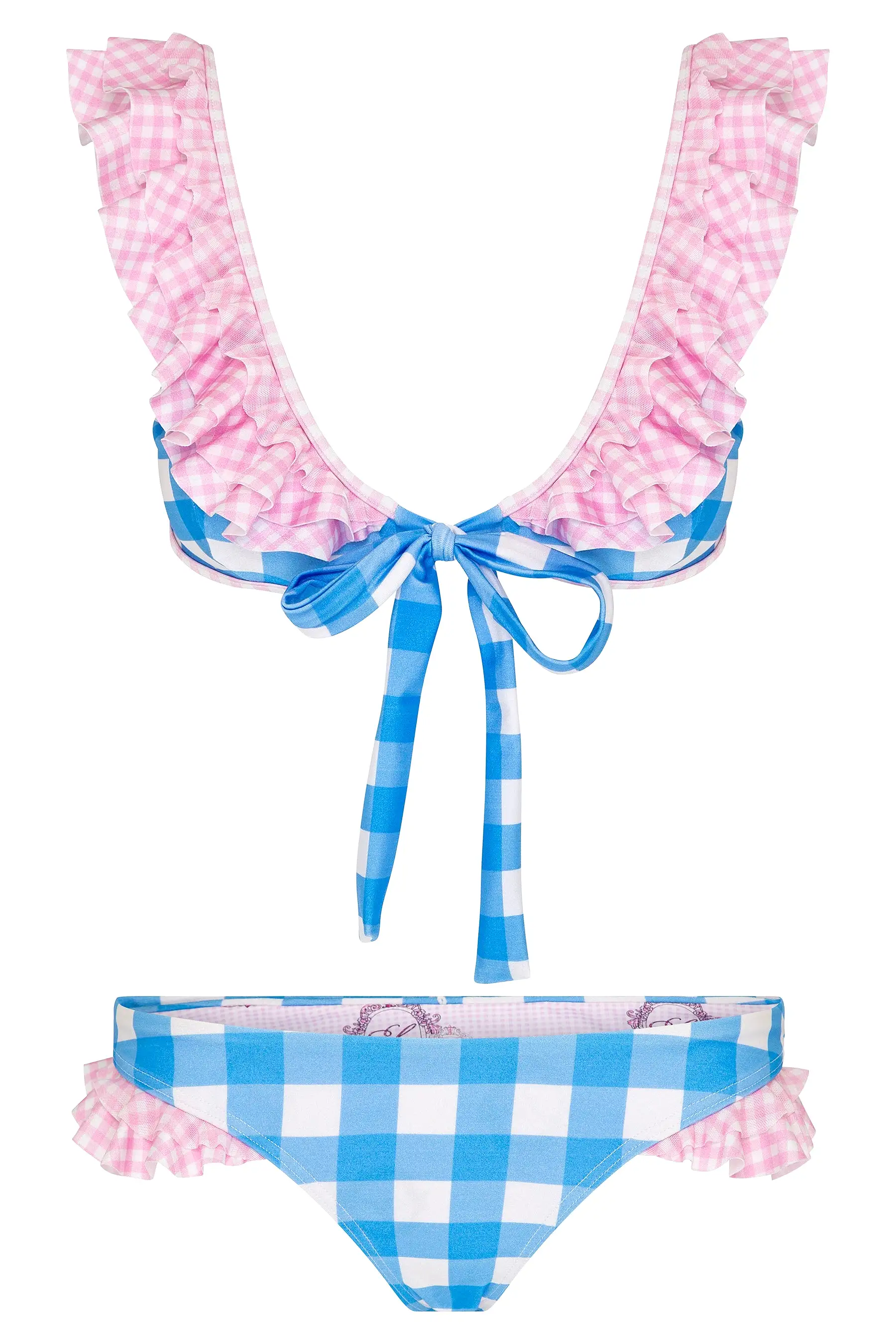 Gingham Ruffle Tie Front Bikini Top