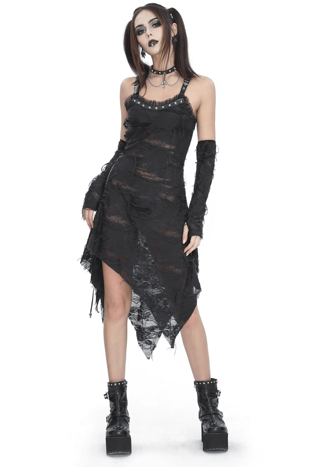 Gothic Punk Irregular Black Ripped Dress with Long Gloves