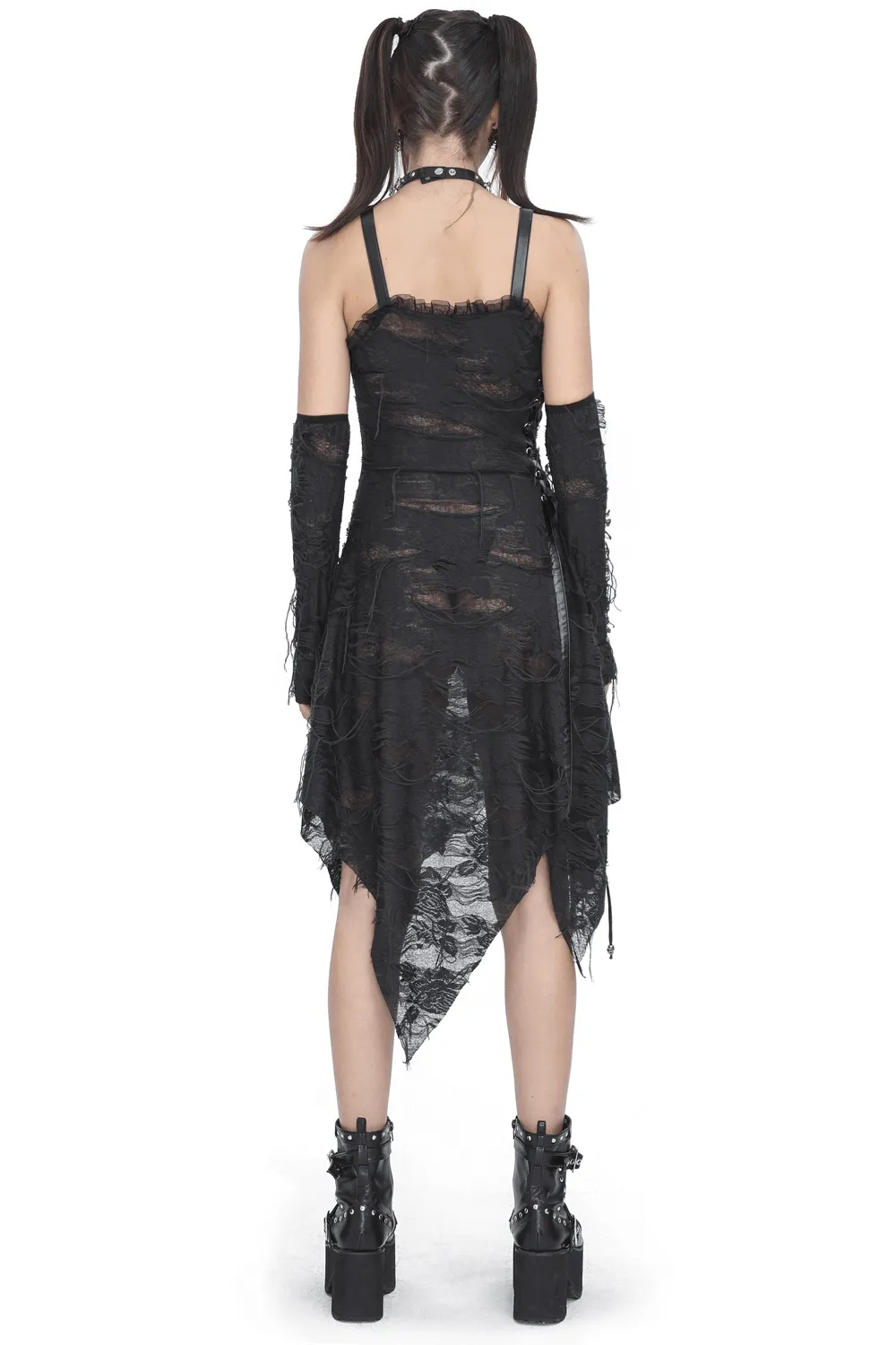 Gothic Punk Irregular Black Ripped Dress with Long Gloves