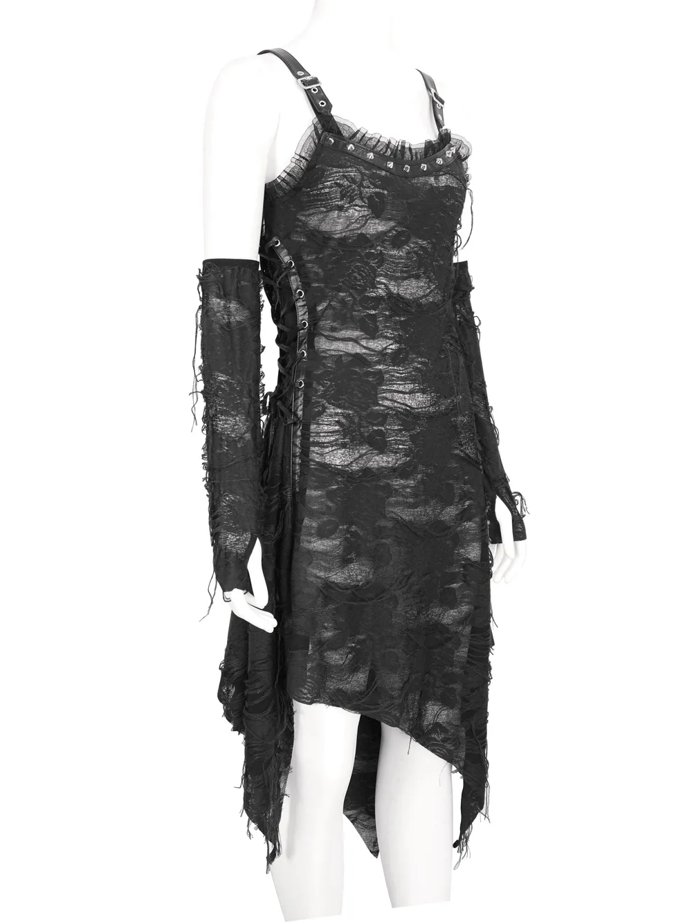 Gothic Punk Irregular Black Ripped Dress with Long Gloves