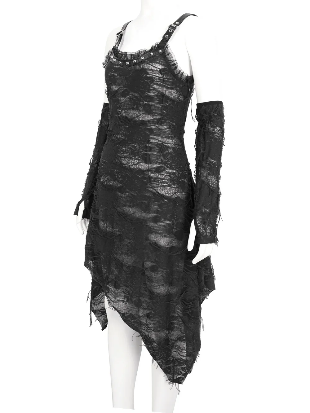 Gothic Punk Irregular Black Ripped Dress with Long Gloves