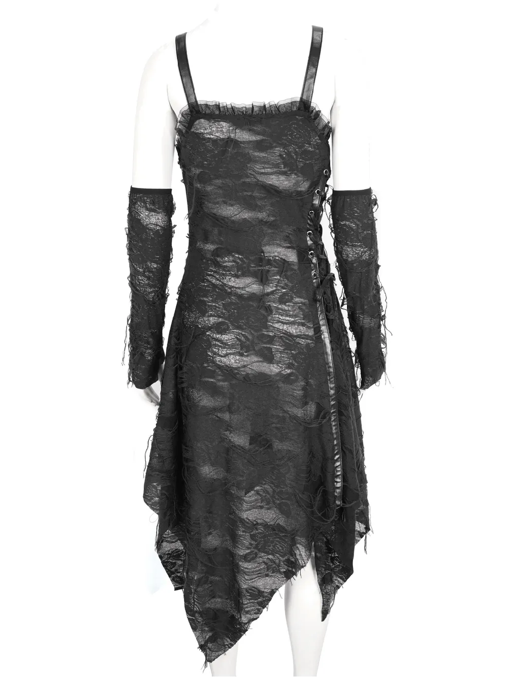 Gothic Punk Irregular Black Ripped Dress with Long Gloves