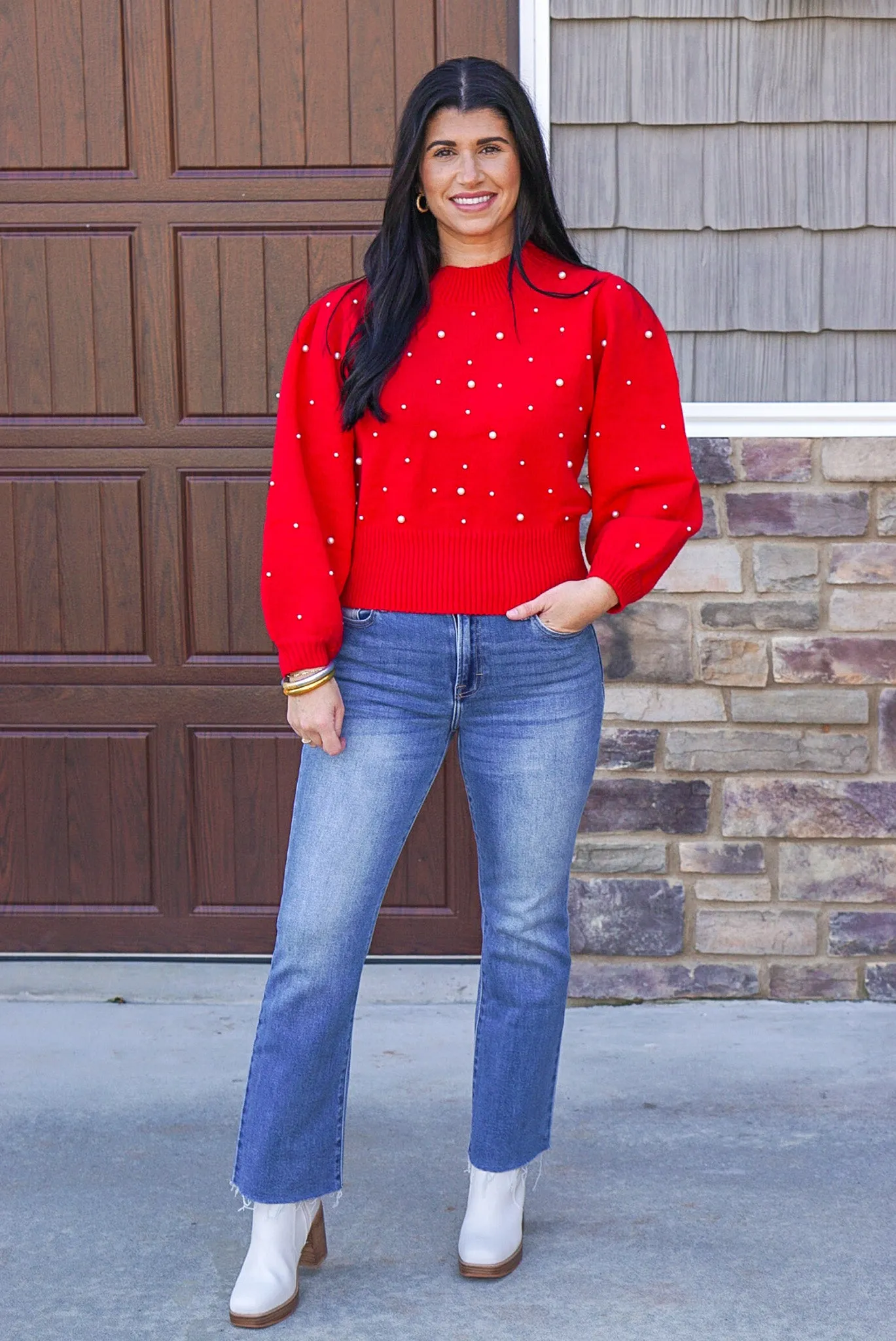 Happiness Awaits Red Pearl Sweater