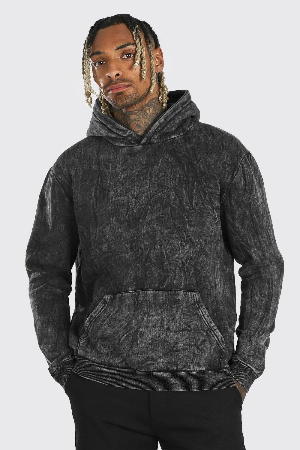 Heavyweight Over The Head Acid Wash Hoodie | boohooMAN UK