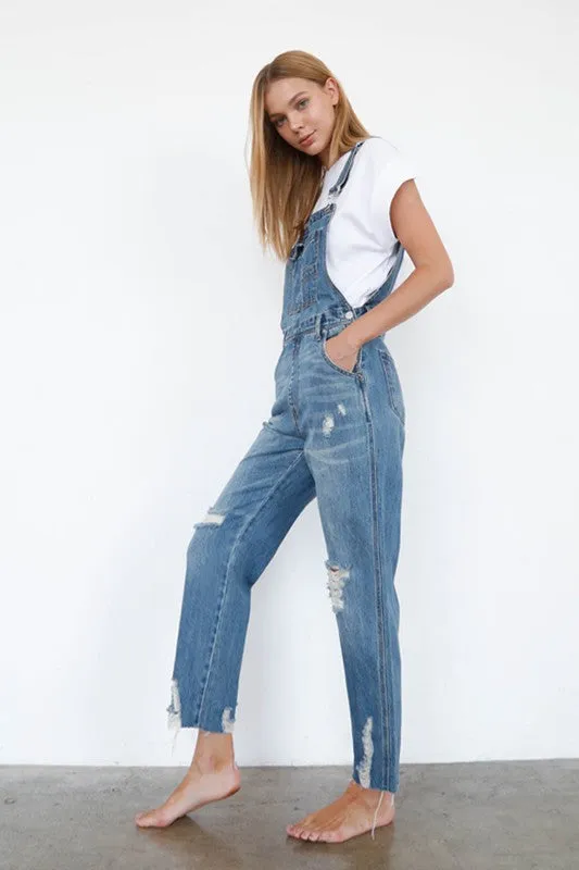 High Waist Ripped Straight Denim Overall Jumpsuit