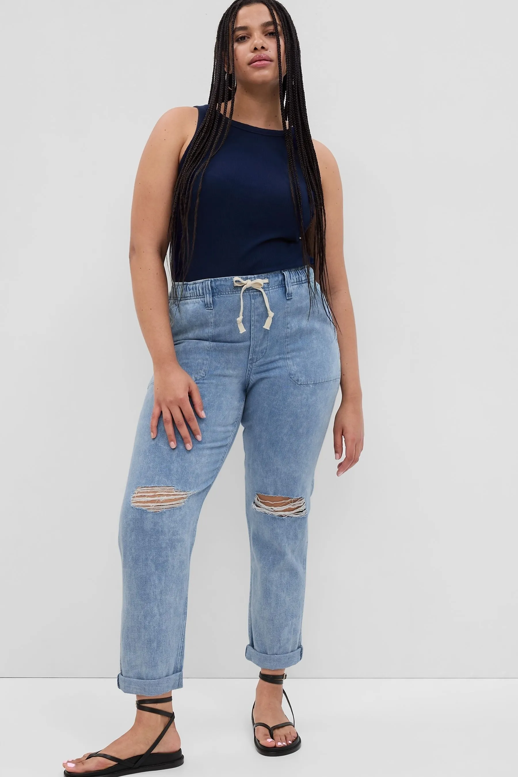 Light Wash Blue Mid Rise Pull-On Ripped Mom Jeans