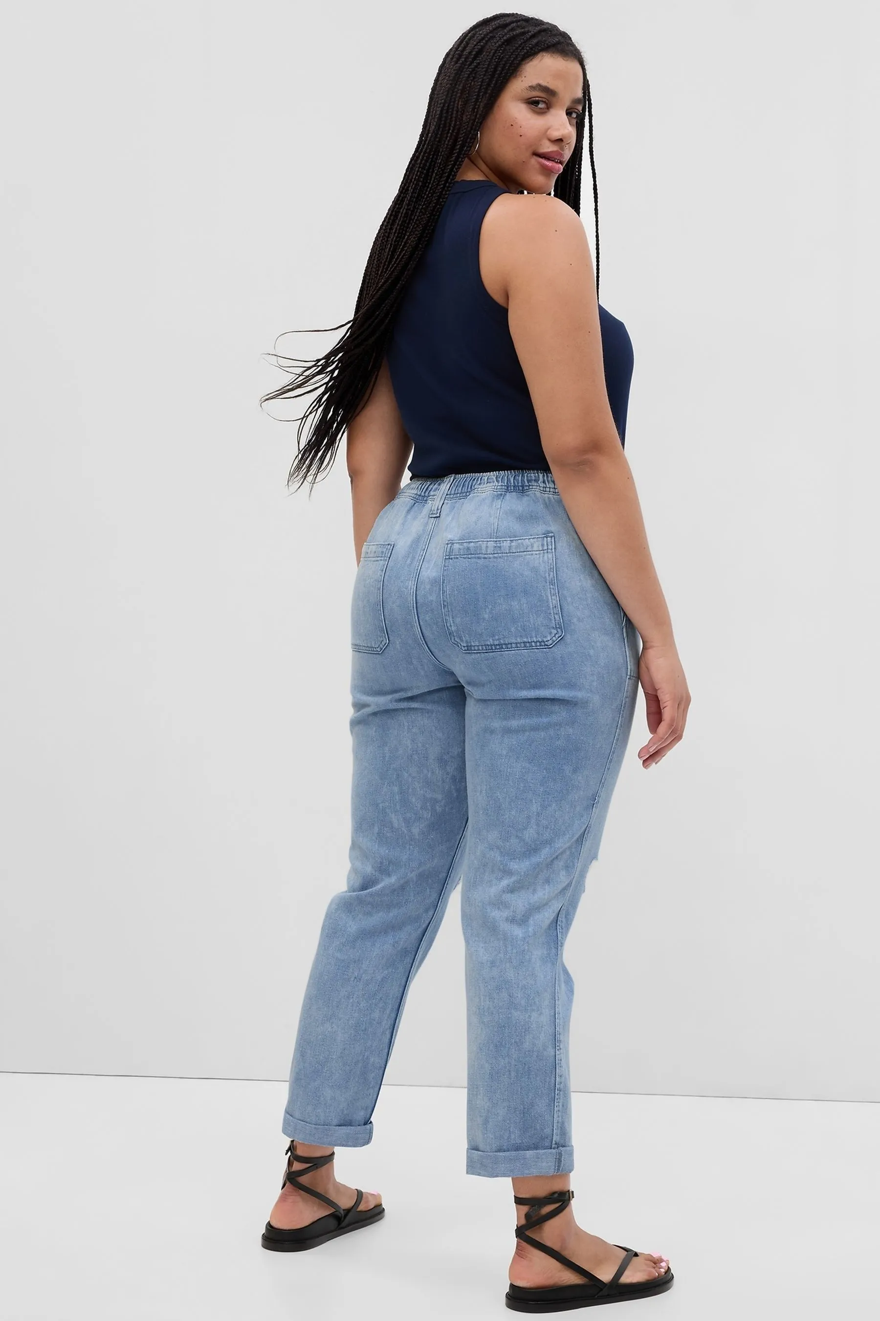 Light Wash Blue Mid Rise Pull-On Ripped Mom Jeans