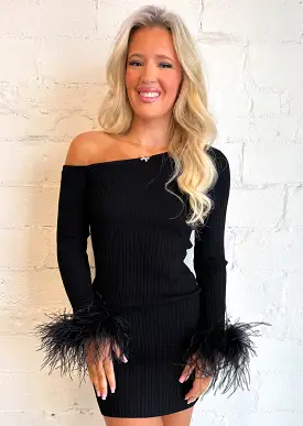 Liz Off Shoulder Feather Trim Mini Dress