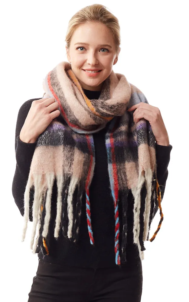 LOF1245 Fuzzy Knit Plaid Oblong Scarf w/Fringes